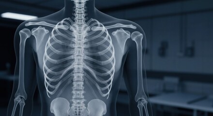 X-ray of torso, showing bones. Dark blue tint, blurry background