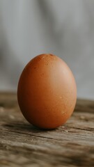 Single rustic brown egg on wooden surface with softly blurred background and natural light