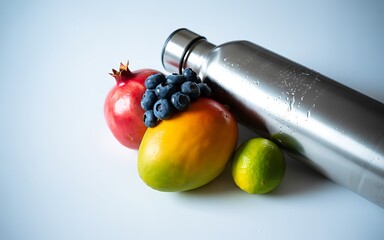 Healthy refreshment fresh fruits and stainless steel water bottle for hydration