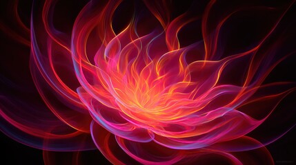 Vibrant abstract rendering depicts a luminescent floral form in shades of red, orange, and pink