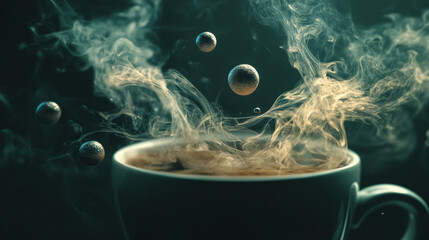 Abstract Hot Coffee Cup With Swirling Steam and Floating Textured Spheres on a Dark Background