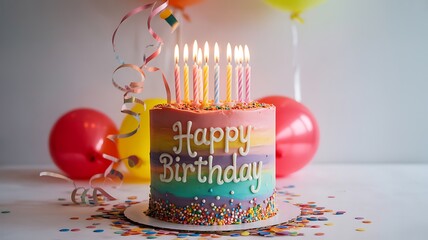 Whimsical rainbow birthday cake with candles and balloons celebrates happy occasion