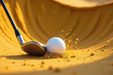 A golf ball impacting the sand with a wedge, creating a dynamic splash of golden particles