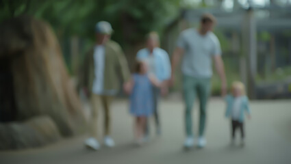 Obraz premium An out-of-focus image of a family strolling along a path in a park or zoo on a sunny day. The focus is on the feeling of togetherness and relaxation, ideal for creating a mood