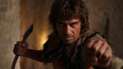 A close-up of a prehistoric man with a serious expression, holding a stone weapon against a cave backdrop, looking intently ahead. He wears animal skin clothing