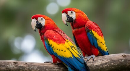 Fototapeta premium Scarlet Macaws Perched on Branch - A Vibrant Display of Tropical Birds.
