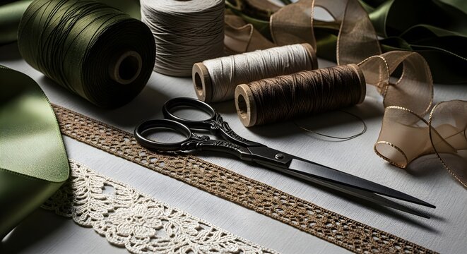A close-up shot showcases various crafting materials, including spools of thread, ribbons, lace, and scissors, arranged on a light surface.