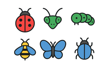 Collection of colorful insect icons including ladybug, bee, butterfly, and beetle