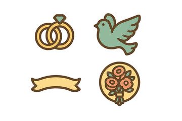 Symbols of love and celebration featuring wedding rings, a dove, a ribbon banner, and a bouquet of flowers