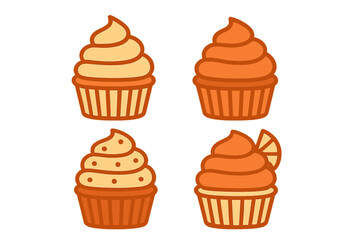 Four colorful cupcake designs featuring various frosting styles and toppings