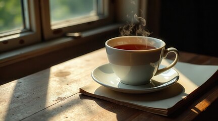 Fototapeta premium Aromatic Steam Rising From a Warm Cup of Tea on a Wooden Surface, Bathed in Sunlight Through a Window