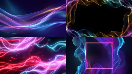 Four abstract compositions showcasing flowing, colorful, luminous wave-like forms against dark backgrounds
