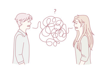 Problems in communication of couple concept. Frustrated young man and woman standing with thorn thread between them having troubles with understanding each other vector illustration