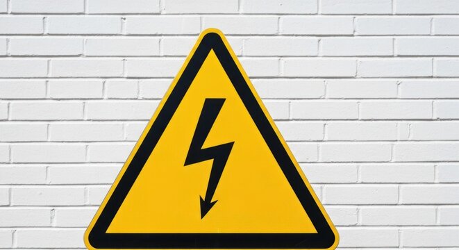 Yellow high voltage triangular warning sign mounted on a white brick wall