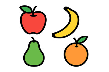 Colorful fruit illustrations featuring an apple, banana, pear, and orange arranged in a playful style for educational use