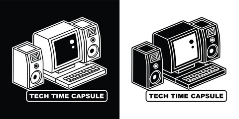 Tech time capsule graphic featuring an old computer and speakers, presented in both black and white versions