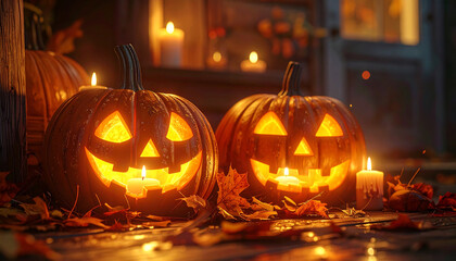 Close-up ultra-realistic photo of carved Halloween pumpkins glowing with candles inside, creating a spooky festive mood-generative AI