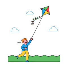 Happy Little Boy Flying a Vibrant Kite in the Sky - Outdoor Childhood Fun and Play Illustration