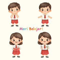 Adorable Indonesia student Boy and Girl Students in Red White Uniform watercolor
