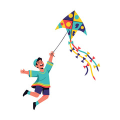 Happy Young Boy Joyfully Flying a Colorful Kite, Embracing Outdoor Fun and Childhood Happiness