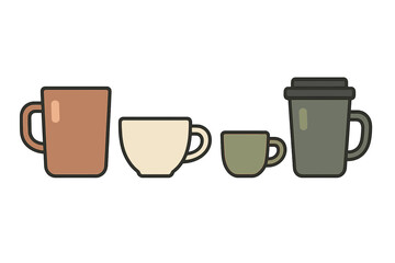 Collection of various coffee and tea cups including a travel mug in a simple graphic style