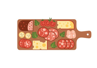 Delicious Charcuterie Board with Assorted Meats, Cheeses, and Vegetables on an Isolated White Background