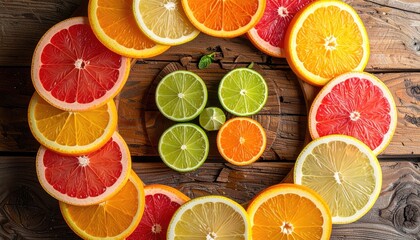 Citrus Fruits Sliced Arranged in Colorful Circle on Rustic Wooden Surface with Oranges Grapefruit Limes Lemons Creating Fresh and Vibrant Still Life