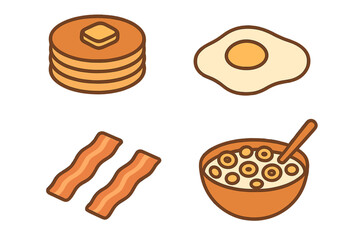 Delicious breakfast items including pancakes, eggs, bacon, and cereal on a bright background
