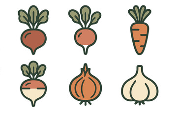 Colorful illustration of fresh vegetables including radishes, carrots, onions, and garlic