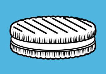 Cartoon Sandwich Cookie with Ribbed Top and Cream Filling on Blue Background