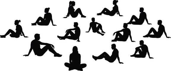 Silhouette of diverse group of people sitting on ground, various relaxed poses, social gathering, teamwork concept, isolated on white background