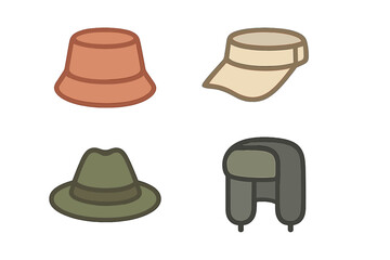 Collection of various headwear styles including bucket hat, visor, fedora, and trapper hat