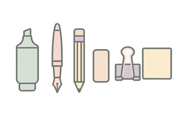 Set of essential office and school stationery supplies and writing tools