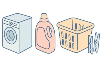 Laundry setup with washing machine, detergent bottle, laundry basket, and clothespins in a home environment