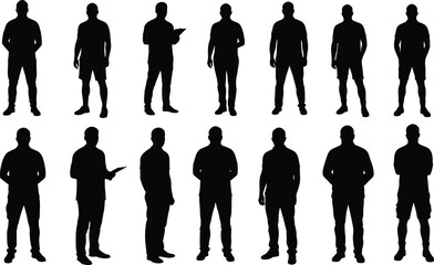 Silhouettes of Men Standing in Various Poses, Full Body Black Shadow Figures on White Background, Isolated Male Silhouettes Collection