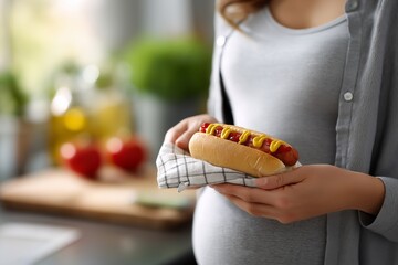 Pregnant woman holding a hot dog with ketchup in a cozy kitchen, surrounded by fresh ingredients, showcasing a moment of culinary enjoyment and comfort