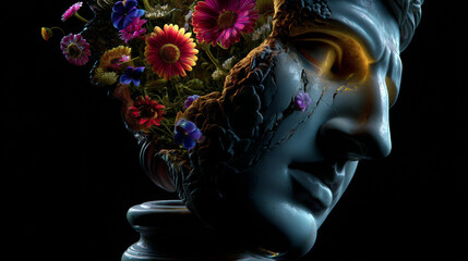Mind in Bloom: Classical Bust Embracing Nature's Rebirth With Golden Kintsugi Healing
