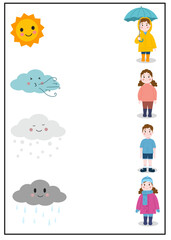 Weather matching worksheet for kids. Match the cloud type and sun with the correct child outfit for each weather condition.