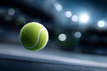 Tennis ball flying directly towards the camera, showcasing vibrant green color and detailed texture, with blurred background lights creating a dynamic sports atmosphere