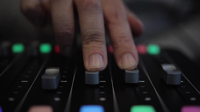 Selective focus audio mixing console, fingers slide track faders up