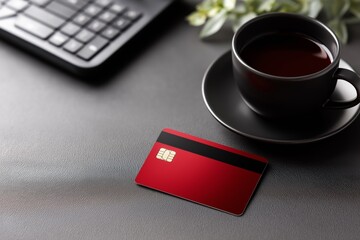 Simple flat lay featuring a red credit card on a black desk alongside a cup of tea and keyboard, showcasing modern workspace aesthetics and financial themes