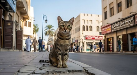 Tabby Cat Sitting on Sidewalk in Middle Eastern City.