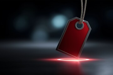 Single red shopping tag icon with glowing outline suspended in dark background, creating a striking visual contrast and emphasizing retail and promotional themes