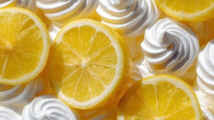 image displaying a vibrant arrangement of sliced yellow lemons and fluffy white swirls, showcasing the detail of the fruit's textured surface and the smooth, creamy consistency of the sweet,...