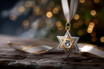 Delicate Star of David decoration hanging on a soft ribbon, beautifully illuminated with bokeh lights in the background, creating a warm and festive atmosphere