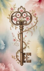 Decorative vintage key with floral details and letter “E” bit on soft watercolor background. Elegant fantasy artwork for stationery, wall art or digital products.