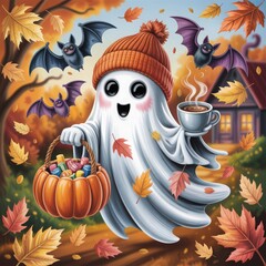 Whimsical ghost character holding mug and pumpkin bucket with candies, surrounded by fall foliage and cozy house. Halloween-themed artwork for seasonal design or printable decor.