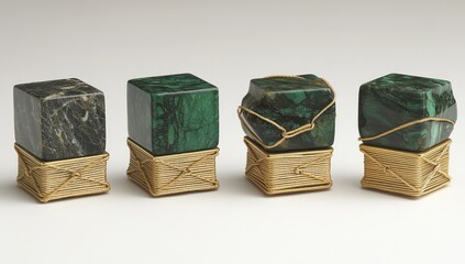 Four stone cubes atop wire stands, green, black, and golden
