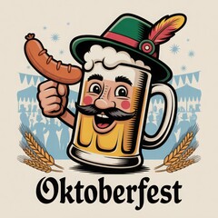 Playful Oktoberfest artwork featuring smiling beer character with hat and sausage, festive banners and “Oktoberfest” lettering. Seasonal design for print or digital decor.