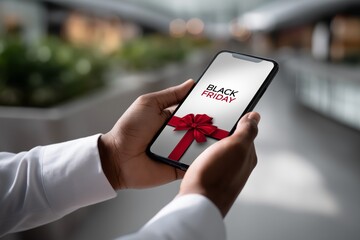 Close up of hands holding smartphone displaying Black Friday promotional offer with a red bow, set in a modern shopping environment, capturing the excitement of holiday shopping